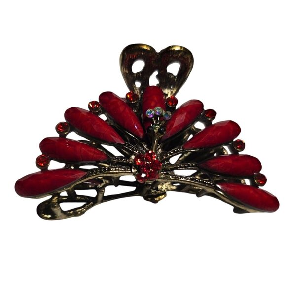 Red Rhinestone Metal Peacock Hair Claw Clip elegant dressy festive holiday - Picture 1 of 5